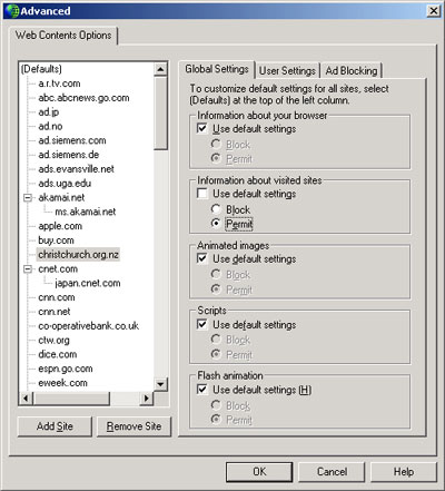 Screenshot 5 - Advanced Web Contents options with christchurch.org.nz